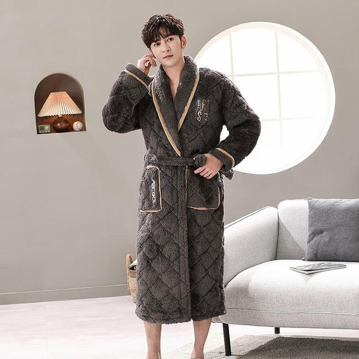 Luxury Men's Winter Coral Fleece Bathrobe with Quilted Design