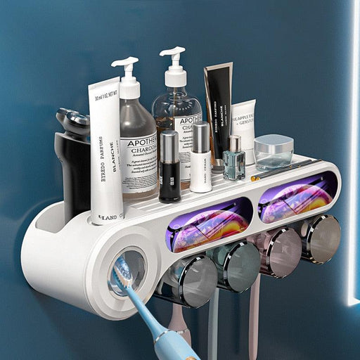 Automatic Toothpaste Squeezer Dispenser and Storage Shelf for Home Bathroom
