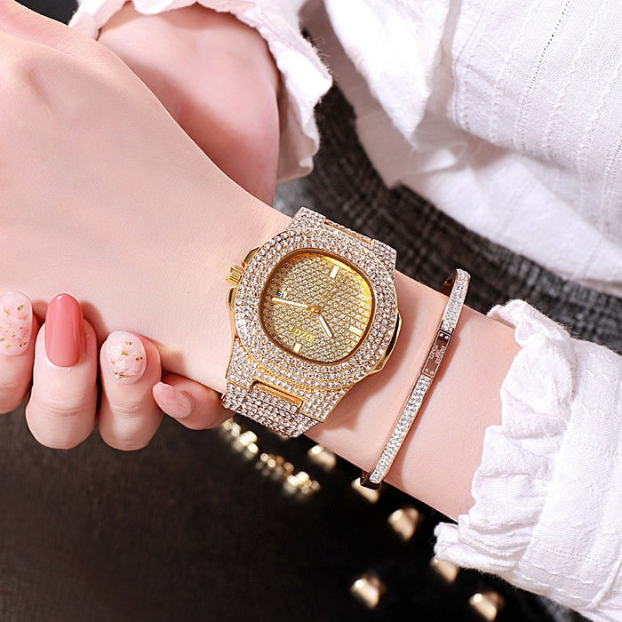 Exquisite Stainless Steel Faux Diamond Calendar Watch