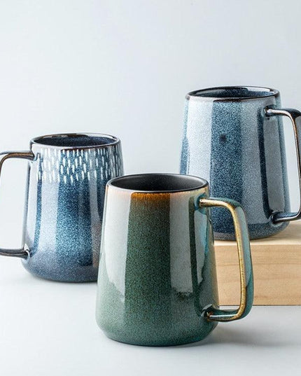 Classic Retro Ceramic Coffee Mug Set with Spoon and Lid - 600ml Capacity