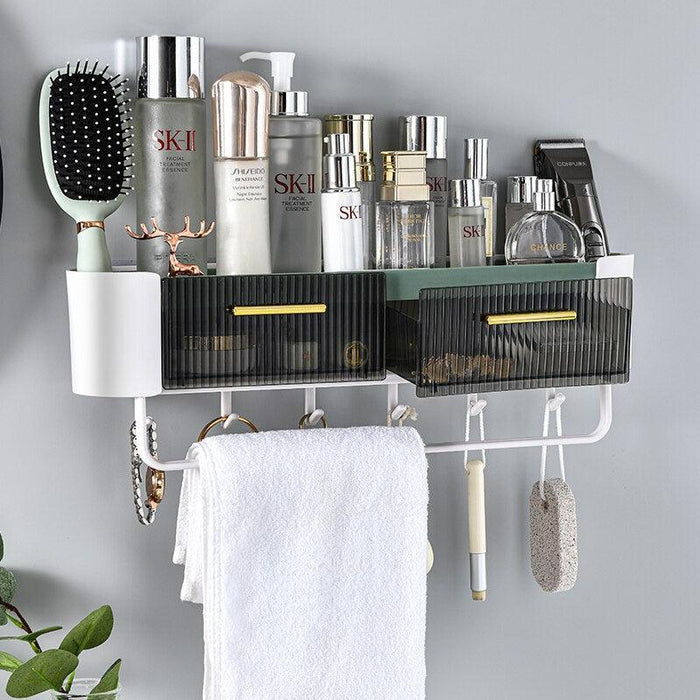 Gray/Green Wall-Mounted Storage Rack with Drawers, Hooks, and Aromatherapy Slot - Efficient Space Organization