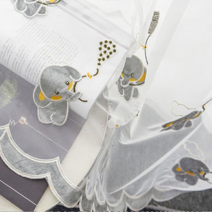 Playful Gray Elephant Embroidered Voile Kids Room Drapes