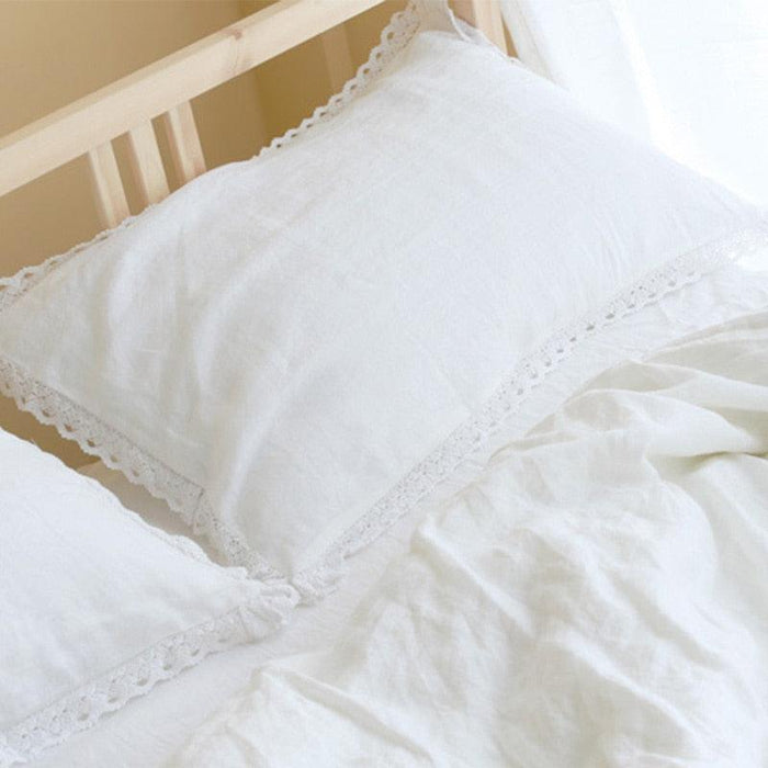 Lace Linen Pillowcase - Ruffled French Linen with Eyelet Embroidery