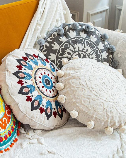 Moroccan Elegance Circular Embroidered Pillow Cover for Stylish Home Décor