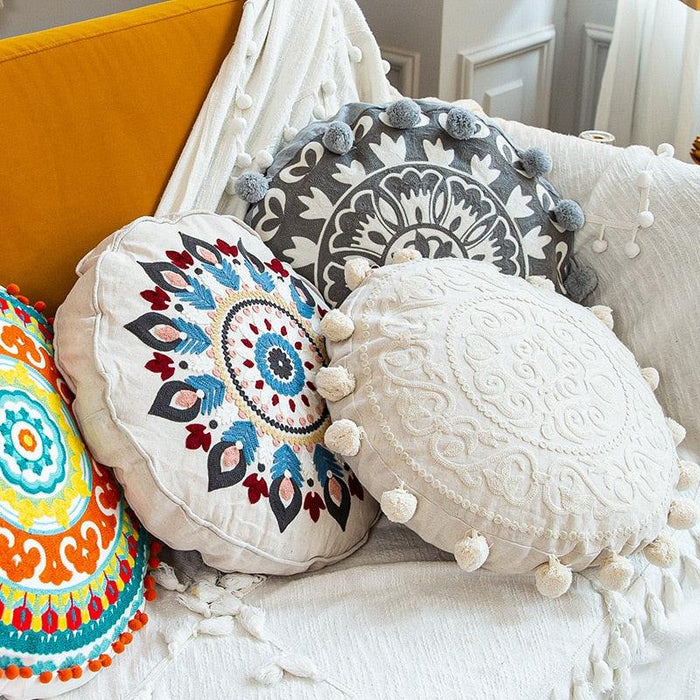 Moroccan Style Embroidered Circular Pillow Cover for Chic Home Decor