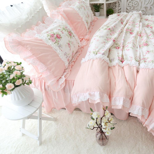 FAMIFUN Sweet Princess Bedding Set Heavy Wrinkle Handmade Ruffle Lace Splice Duvet Cover Pink Pastoral King Size Bedspread-0-Très Elite-Full-Très Elite