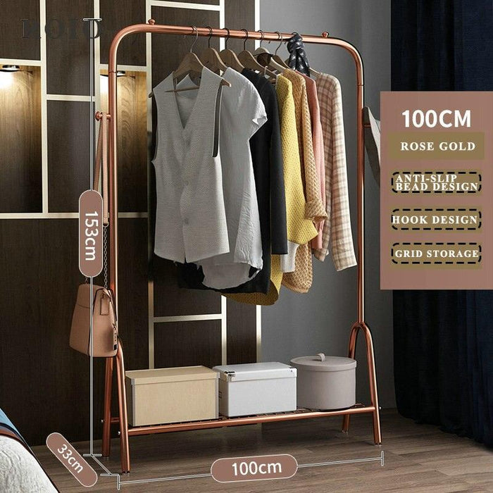 Elegant Rose-Gold Single-Pole Garment Stand and Storage Solution