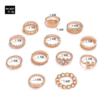 Charming 12-Piece Bohemian Gold Crystal Ring Set - Elegant Jewelry Collection for Women