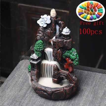 Tranquil Mountain River Backflow Incense Fountain with 100 Aromatic Cones