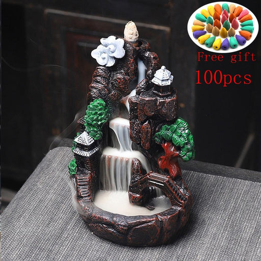 Tranquil Mountain River Backflow Incense Burner Set with 100 Incense Cones