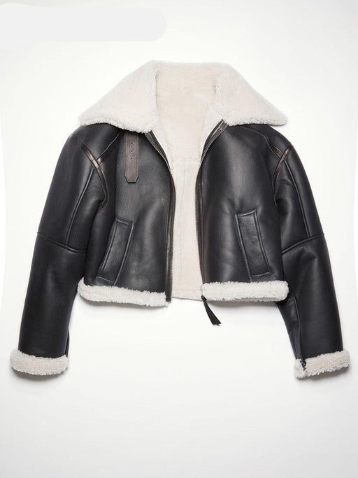 Faux Leather & Lambs Wool Color Block Jacket