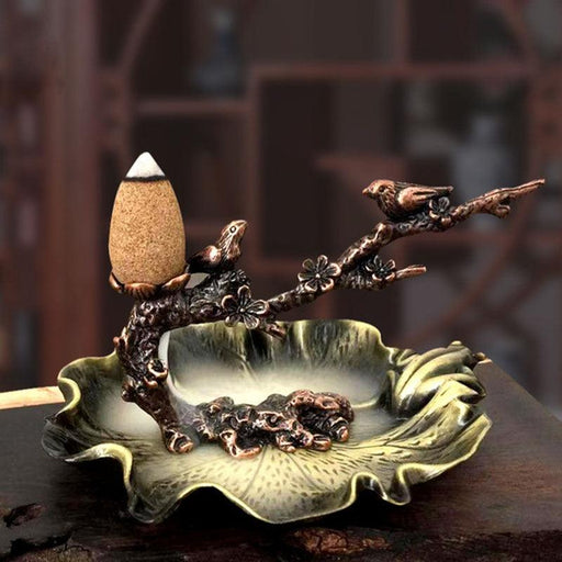 Lotus Blossom Backflow Incense Burner Set with Plum Sticks and Branch Chassis