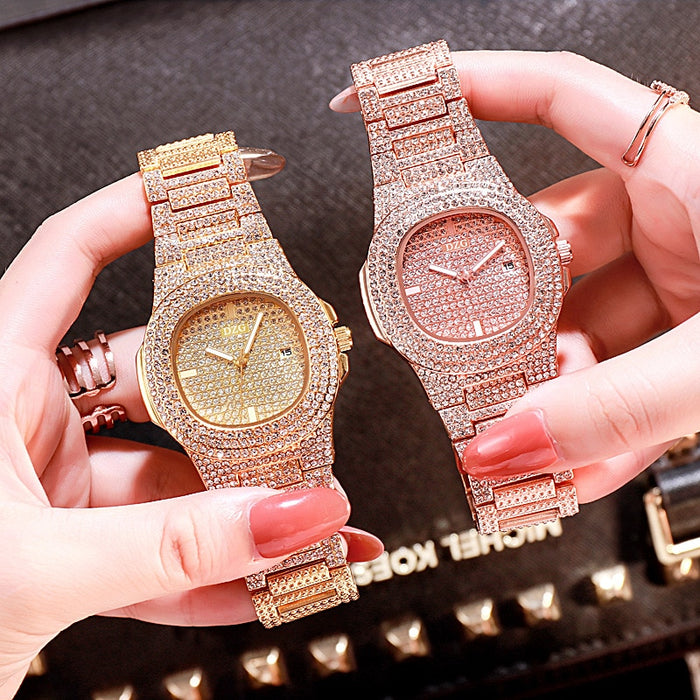 Exquisite Stainless Steel Faux Diamond Calendar Watch