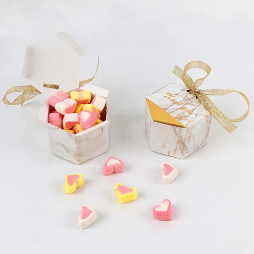 Hexagonal Marble Candy Favor Boxes with Elegant Gold Foil Accents for Sophisticated Celebrations