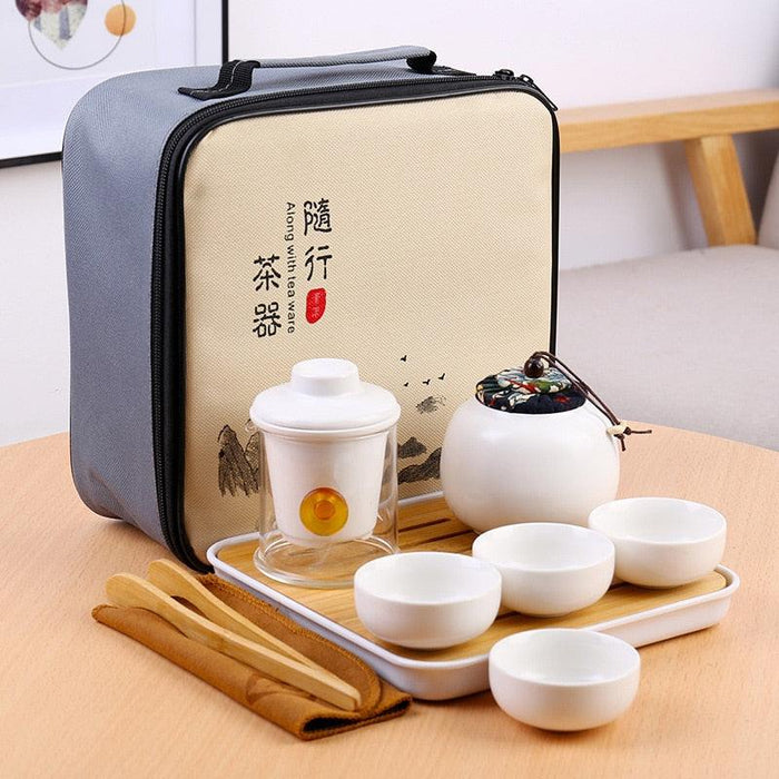 Elegant Ceramic and Metal Tea Ceremony Set with Artistic Tea Tray