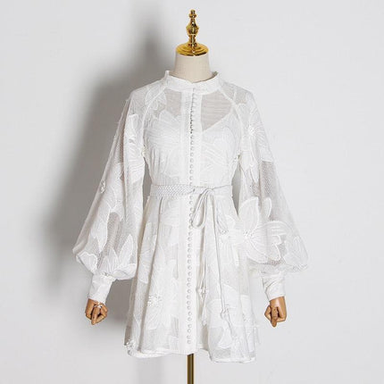 Elegant White Embroidered Patchwork Dress with Sophisticated Stand Collar for Women