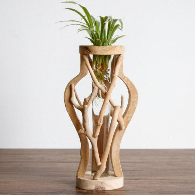 Rustic Wooden Vase adorned with Delicate Floral Details