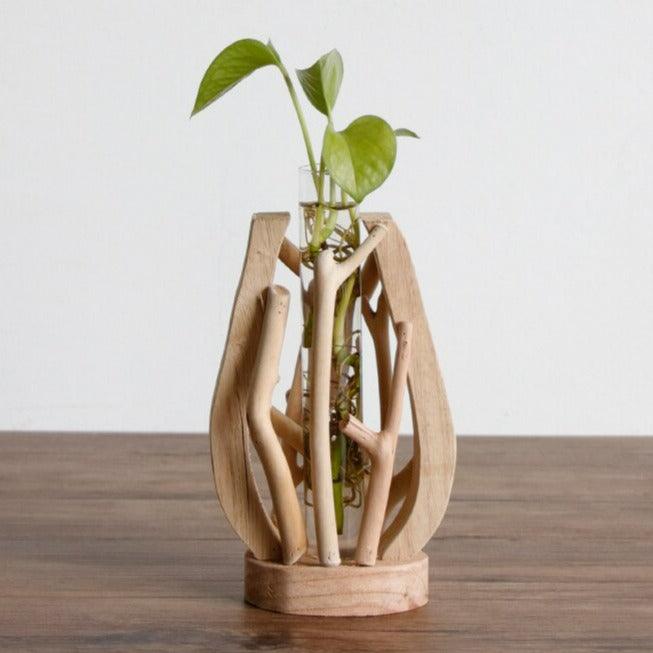 Handcrafted Rustic Wooden Vase with Elegant Floral Accents - Nature-Inspired Decor
