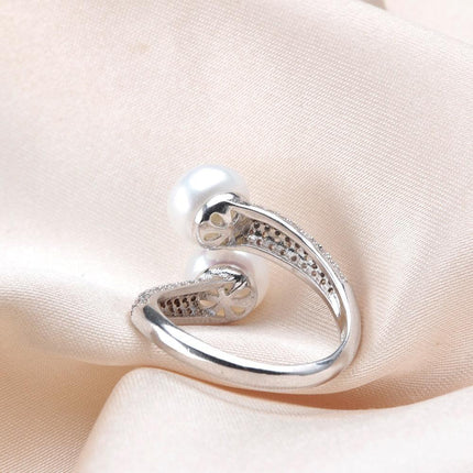 Double Pearl and Zircon Sterling Silver Ring - A Touch of Sophistication