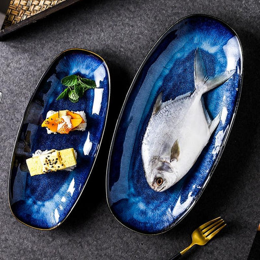 Japanese Cerulean Glazed Serving Platter - Ideal for Steamed Fish & Sushi