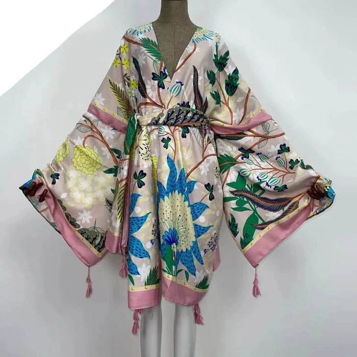 Bohemian Silk Robe: African Autumn Women's Cardigan Kimono Dress Robe