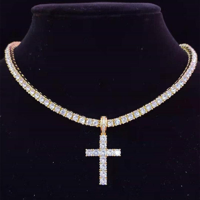 Iced Cross Pendant Necklace with Sparkling Zircon Chain and Bling Design