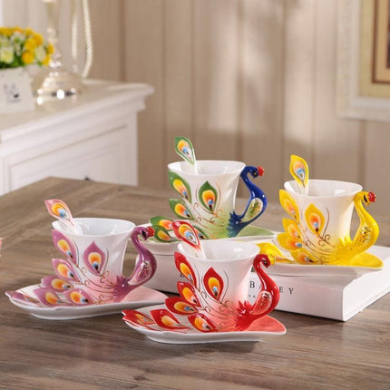 Exquisite 3D Peacock Design Handcrafted Ceramic Tea Mug Set - 200ml Drinkware Collection