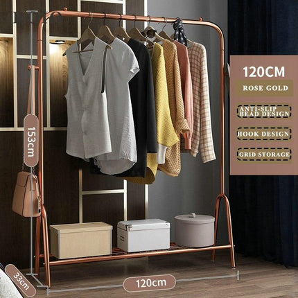 Elegant Rose-Gold Single-Pole Garment Stand and Storage Solution