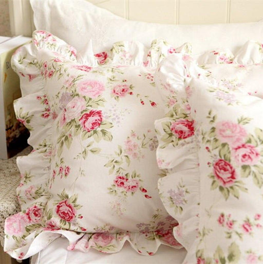 Pastoral Rose Print Pillow Shams Set with Handmade Ruffles - Cotton Princess Bedding