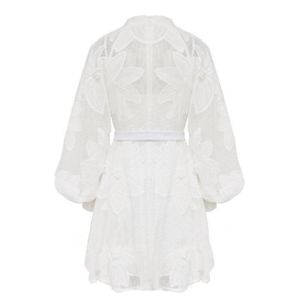 Elegant White Embroidered Patchwork Dress with Sophisticated Stand Collar for Women