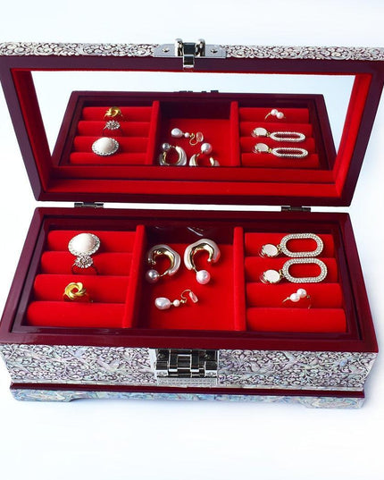 Elegant Crane and Shell-Inlaid Jewelry Organizer with Mirror