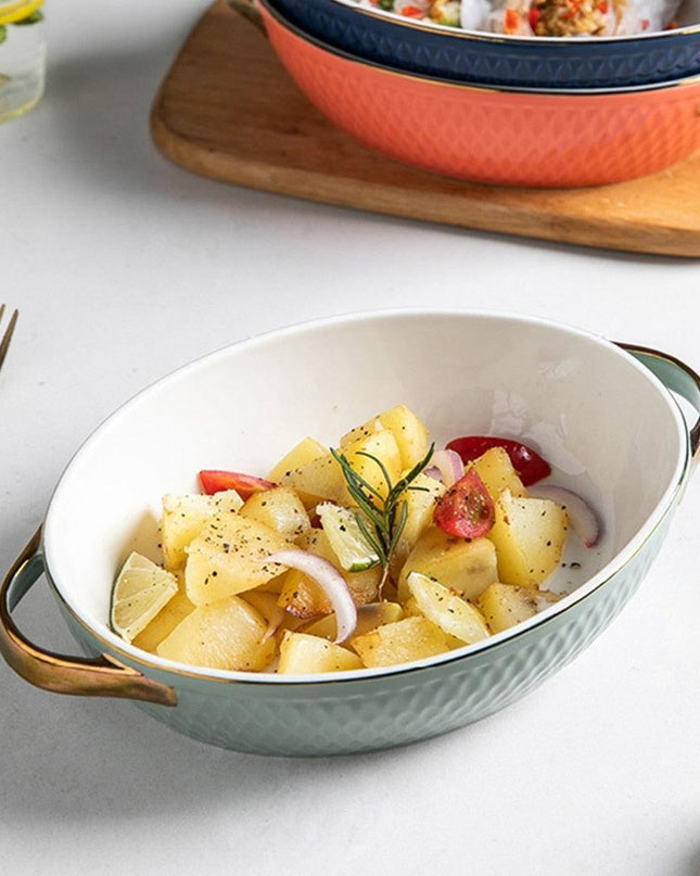 Colorful Ceramic Bakeware Set with Ergonomic Handles in Blue and Orange