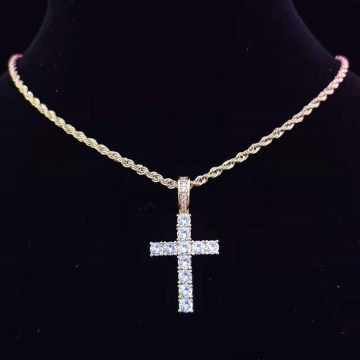 Iced Out Cross Pendant Necklace with Shimmering Zircon Chain and Stylish Bling Detail