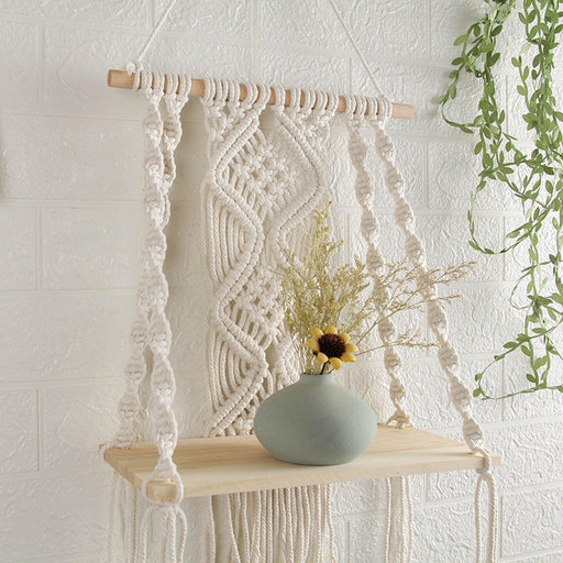 Boho Chic Macrame Tapestry Wall Shelf with Tassel Accents - Stylish Storage Solution for Home Décor