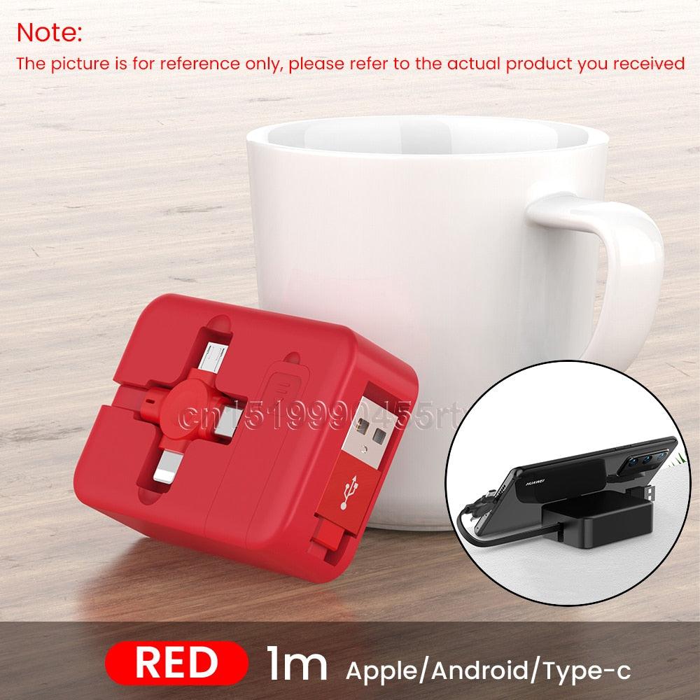 4in1 Retractable USB Type C Micro USB Cable for iPhone 14 13 12 11 Pro With Phone Stand 3in1 2in1 Charging Charger Data Cable-0-Très Elite-Red With Mirror-1m-Très Elite