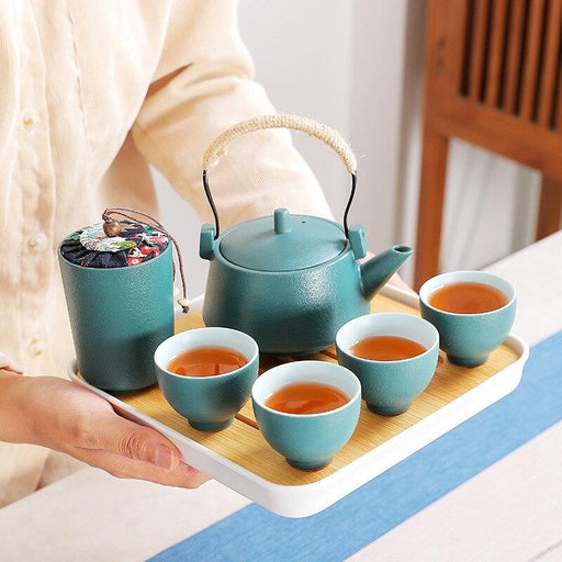 Japanese Serenity Travel Tea Set with Loop-Handled Teapot and Bamboo Cups