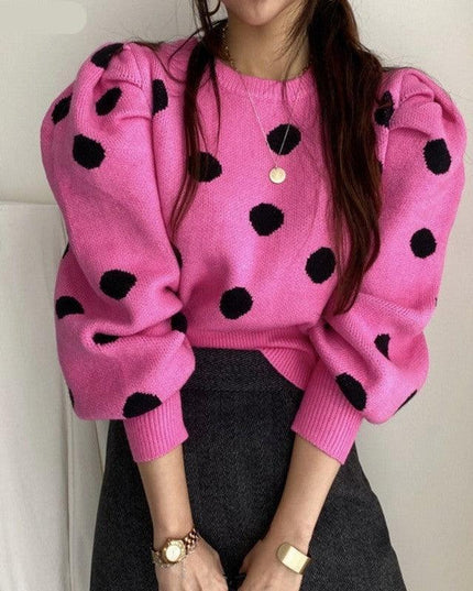 Chic Korean Sweater with Playful Polka Dot Puff Sleeves - Cozy Elegance Redefined