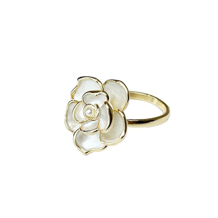 Korean-inspired White Camellia Flower Oil Drop Ring: Elegant Statement Jewelry for Women's Party Looks
