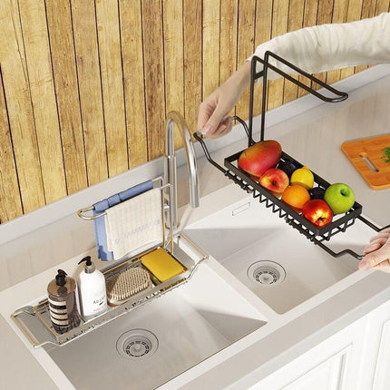 Adjustable Stainless Steel Sink Rack with Integrated Towel Holder - Perfect for Kitchen and Bathroom Organization