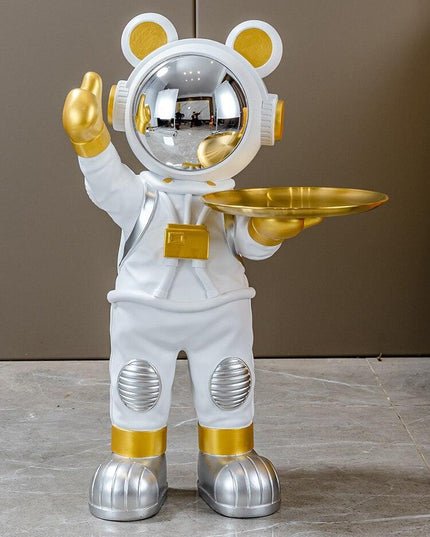 Chic Nordic Astronaut Floor Sculpture with Functional Key Organizer Tray for Elegant Home Decor