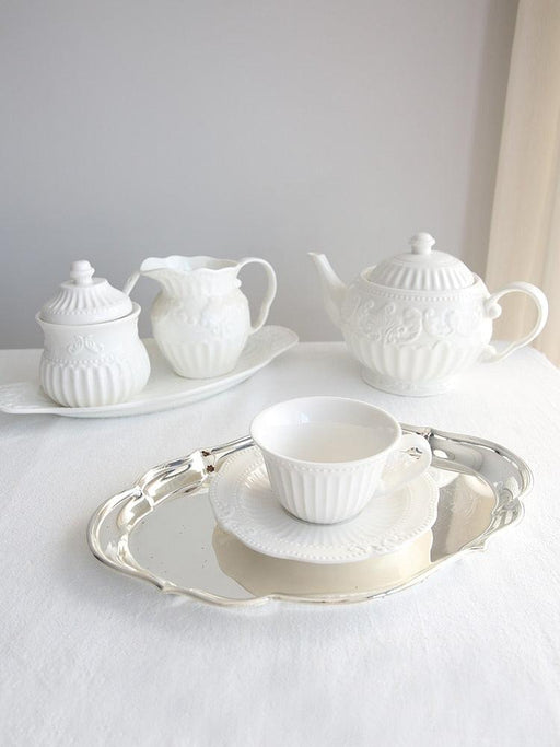 White Embossed Tea Cup Saucer With Phnom Penh Porcelain French Court Tea Set Milk Pot Sugar Jar Dinner Plates Snack Dish