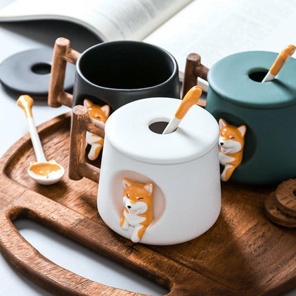 Charming Shiba Inu Akita Dog Ceramic Mug & Spoon Set - 420ml for Stylish Sipping