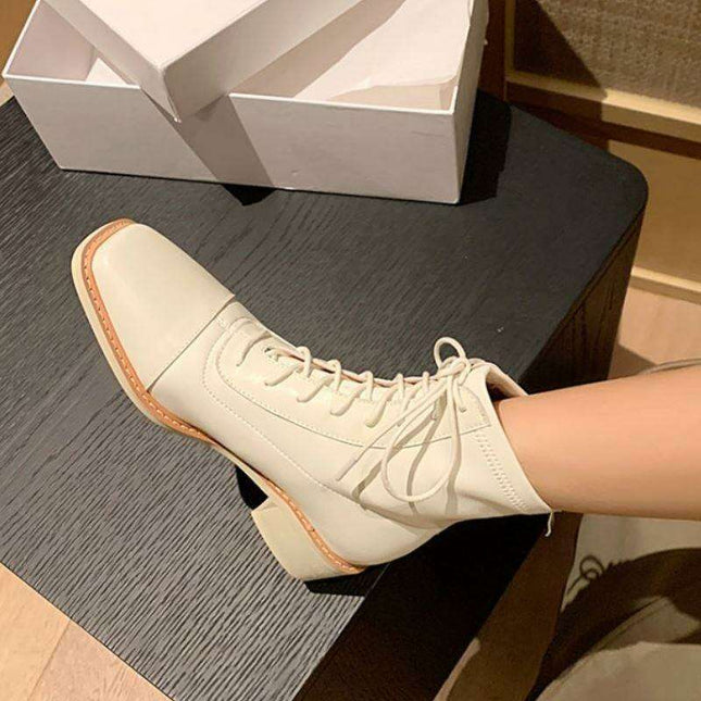 Chic Lace-Up Leather Winter Boots with Chunky Heels for Women