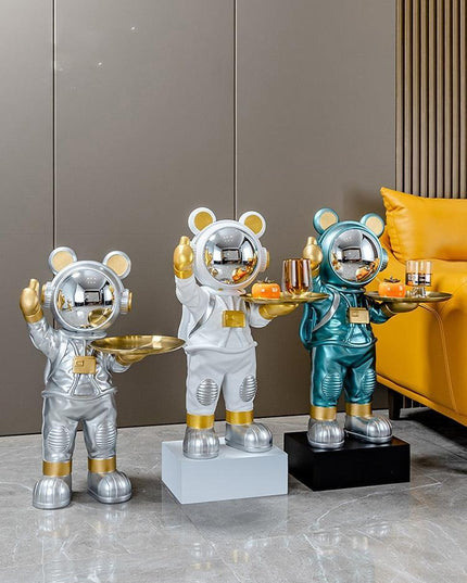 Chic Nordic Astronaut Floor Sculpture with Functional Key Organizer Tray for Elegant Home Decor