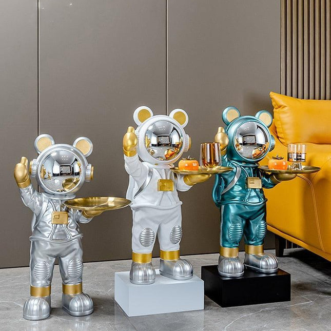 Chic Nordic Astronaut Floor Sculpture with Functional Key Organizer Tray for Elegant Home Decor