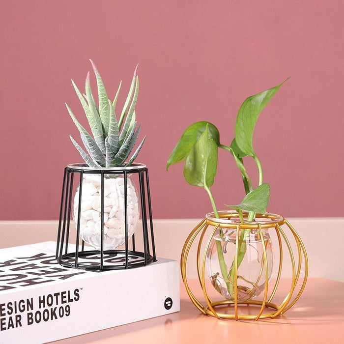 Nordic Artisan Glass Vase Set with Elegant Metal Stand