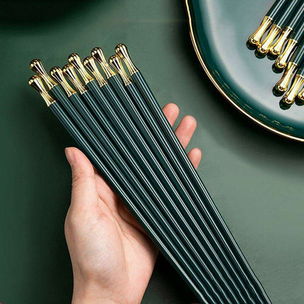 Elegant Dark Green & Gold Decorative Alloy Chopsticks Set - 10 Pairs