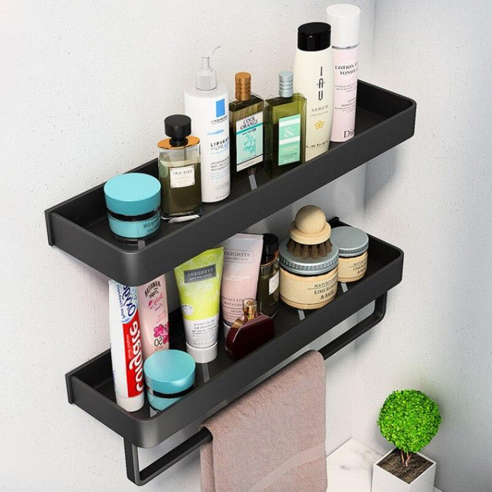 Sleek Black Aluminum Bathroom Shelf Set with Towel Bar and Space-Saving Design