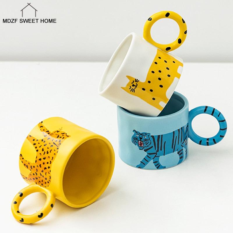 350/420ml Cartoon Animal Ceramic Mug With Handle Coffee Milk Mug With Spoon Office Water Cup Drinkware Birthday Gift-0-Très Elite-Tiger With spoon-Très Elite