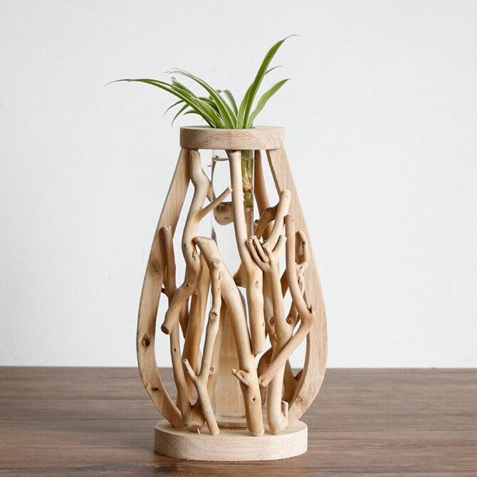 Rustic Wooden Vase adorned with Delicate Floral Details